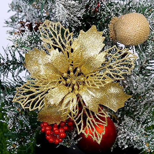 GL-Turelifes Pack of 12 Glitter Artificial Poinsettia Flowers Christmas Wreath Christmas Tree Flowers Ornaments 6’’(16cm) Diameter with 12 Pcs Green Soft Stings (Gold) - Image 3