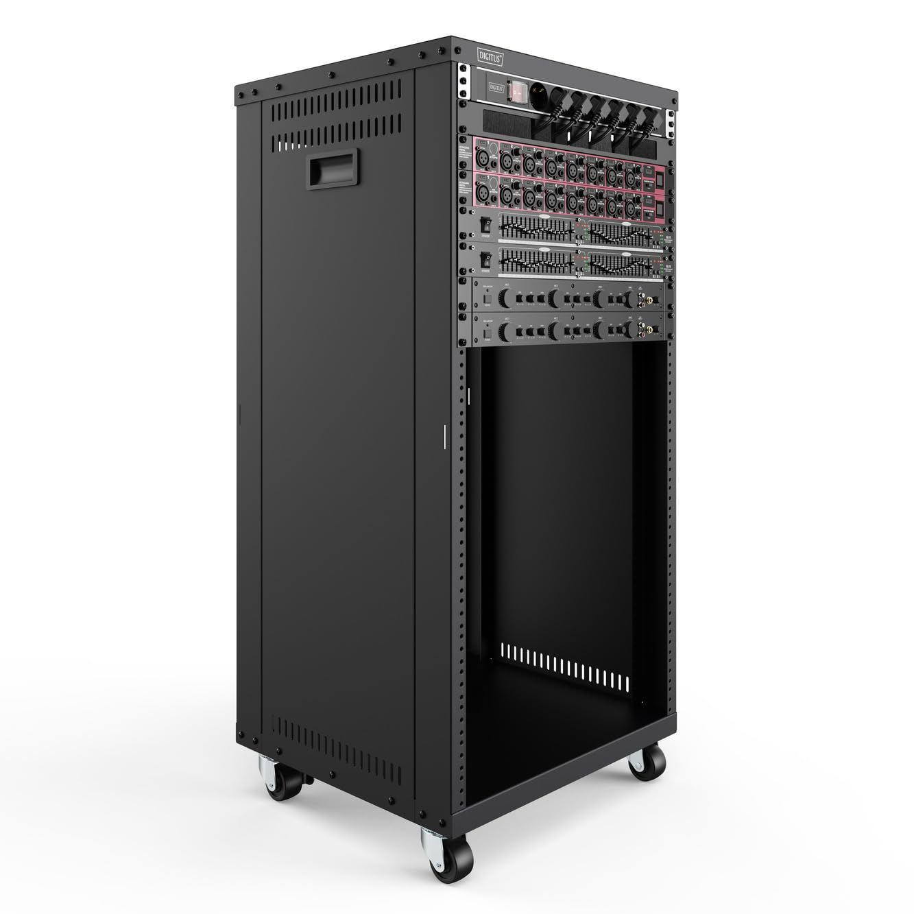 DIGITUS Universal 19 Zoll Rack – 21HE – Audio-Rack – Unmontiert – Schwarz | 457,8 mm Nutztiefe – EU oder US-Schraubgewinde – 136 kg Traglast – Mit Rollen und 1HE Blindpanel