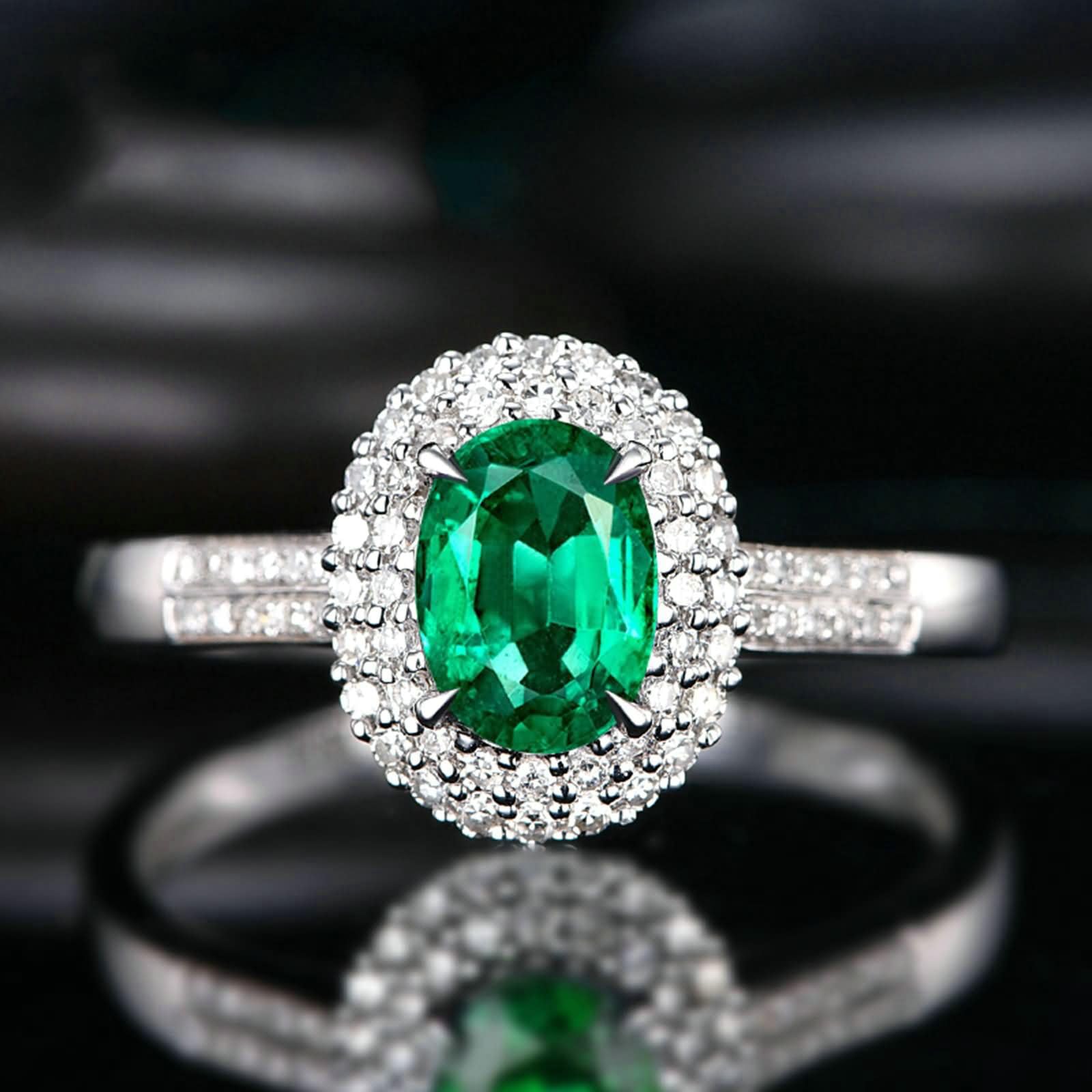 Obrączki ślubne z białego złota dla kobiet 375/585/750, 4 szczęki owalne 1,1 ct szmaragd i diament, pierścionek ze srebrno-zielonymi obrączkami dla kobiet