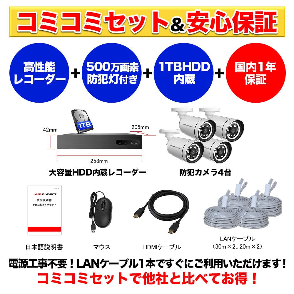 Amazon.co.jp: アキバガジェット 防犯カメラセット 屋外 PoE給電 家庭 
