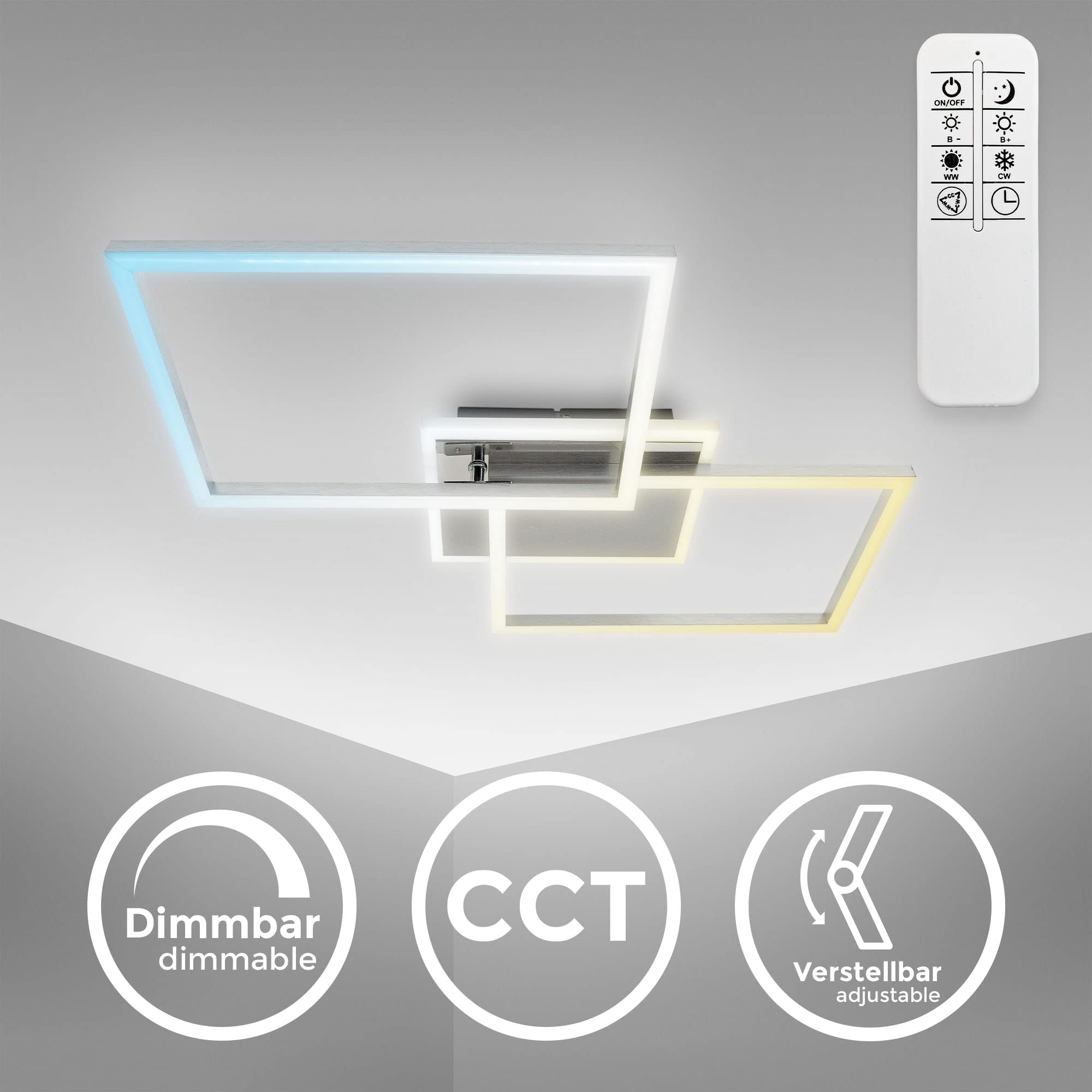 B.K.Licht Plafón LED de 40 vatios I giratorio I color regulable I regulable de forma continua I Función de luz nocturna I Mando a distancia I Lámpara de techo LED I Aluminio cepillado