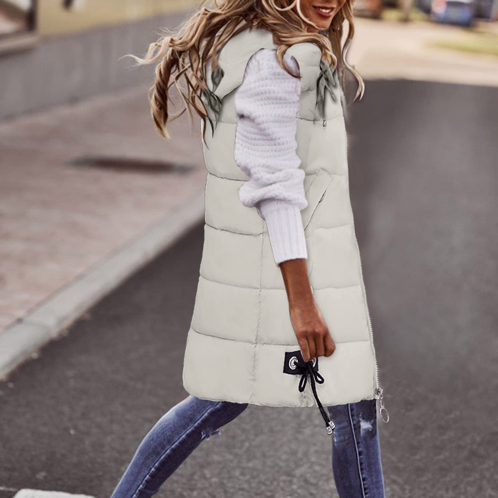 Piumino con cappuccio da donna lungo senza maniche imbottito gilet invernale caldo giacca con tasca full zip spessa giacca imbottita giacche da trekking impermeabili cappotto trapuntato casual solido