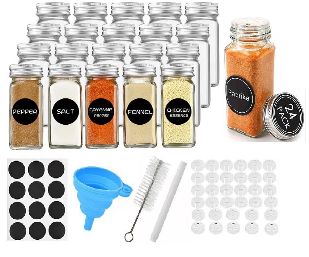 24 Pcs Spice Jars with Labels - 120ml/4oz Square Glass Condiment Pot, with Silicone Collapsible Funnel, for Kitchen, Seasoning, Coffee, Herb, Essential oil, Storage Containers (24PCS)