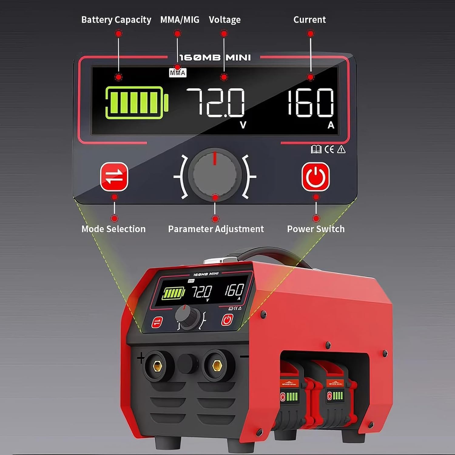 Saldatrice a batteria, saldatrice a elettrodo inverter da 160 A, con avvio a caldo e display LCD, per una facile saldatura a punti.
