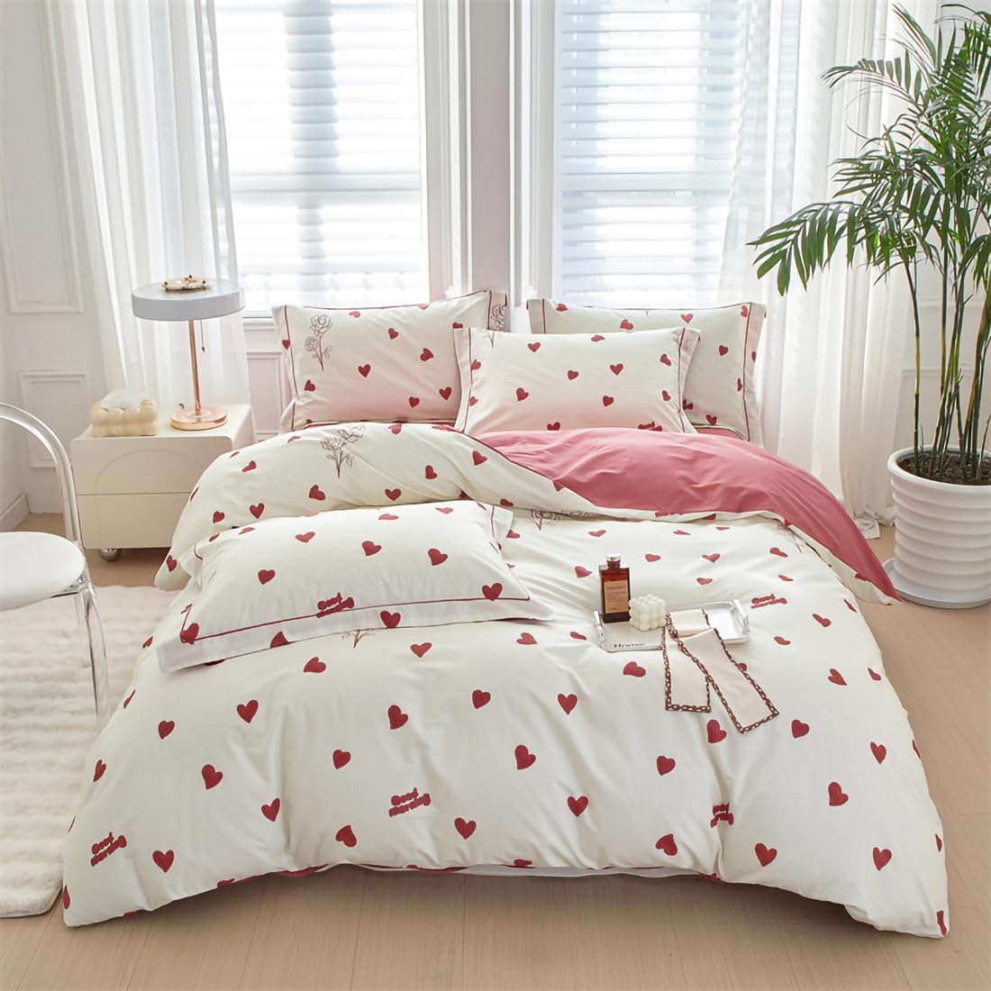 Amour Cœur Rouge Housse de Couette 280x240 Parure de Lit 280 x 240 Coeur Imprimé Rouge et Blanche Adulte 2 Personnes avec Fermeture Éclair, Motif du Cœur Parure Housse Couette en Microfibre