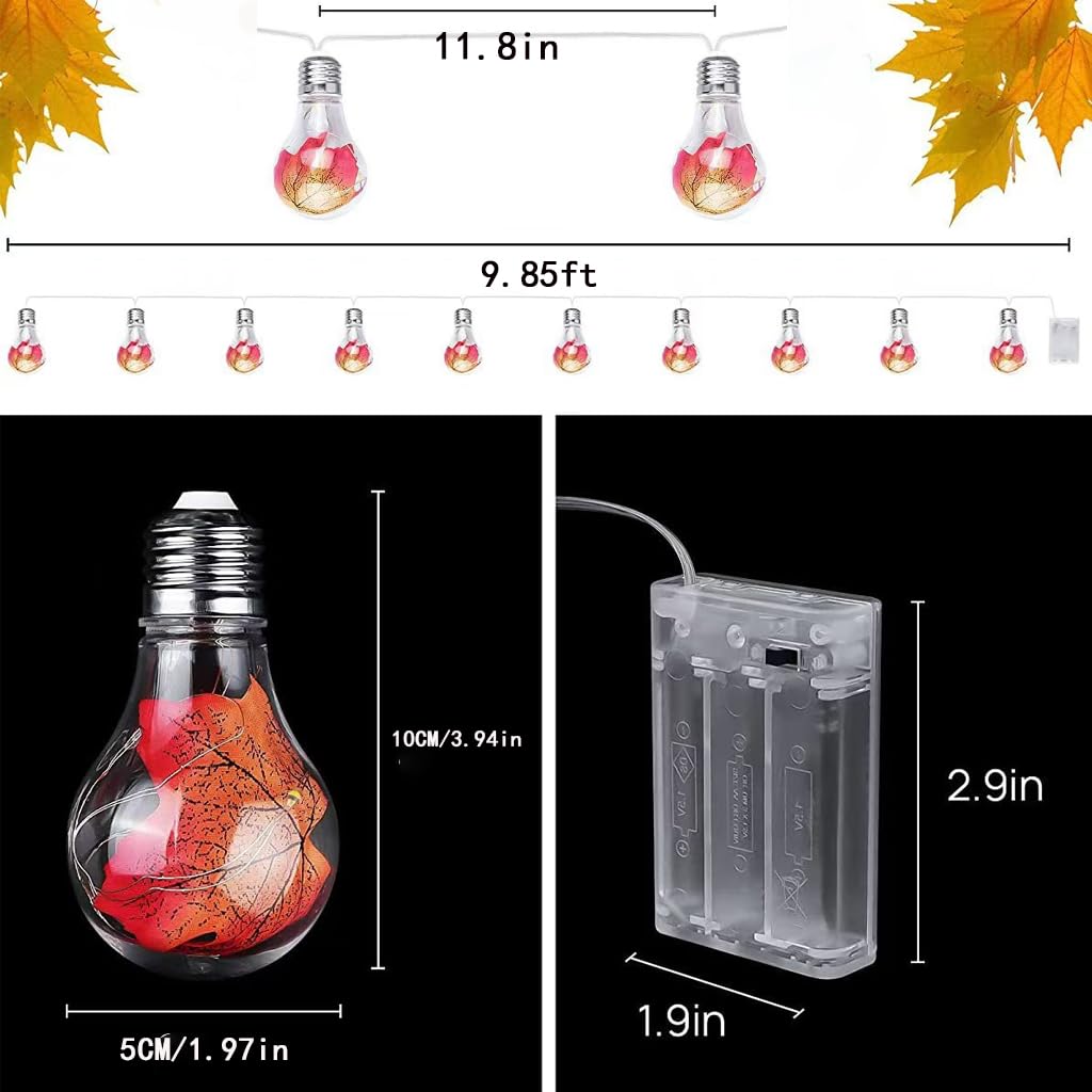 Neioaas Fairy Bulb String Lights with Maple Leaf Design- Maple Leaf Lights Battery Operated with Remote Timer, 10ft 10 LED Globe String Lights for Autumn, Thanksgiving, Halloween, and Christmas Decor