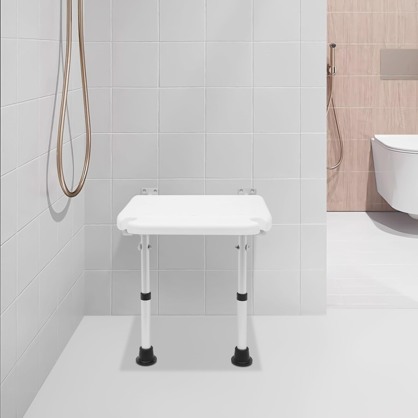 Sgabello da doccia regolabile in altezza (42-53 cm), stabile, pieghevole, montaggio a parete, con piedini di supporto, sedia pieghevole per doccia