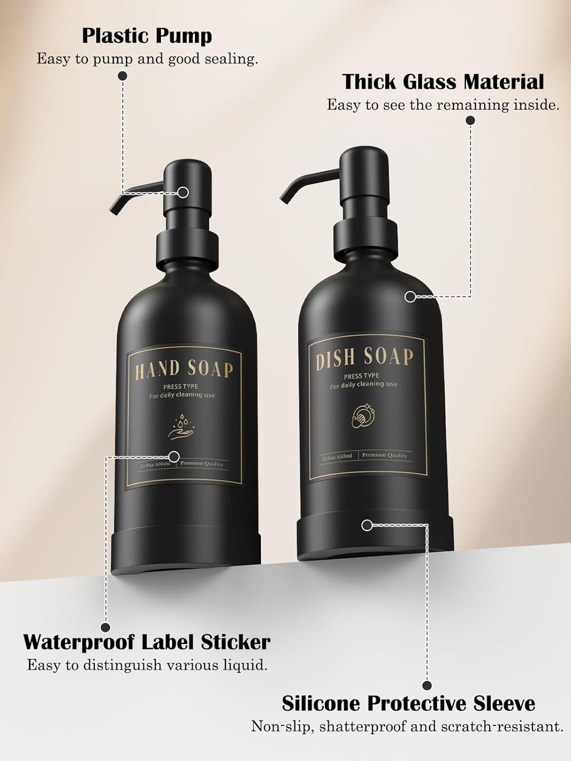 Luxspire Soap Dispenser Set, Hand Soap Dispensers with Fast Drying Tray, 17 oz Glass Refillable Liquid Bottle for Bathroom & Kitchen, Kitchen, 2 Pack, Black + Dark Gray - Image 2