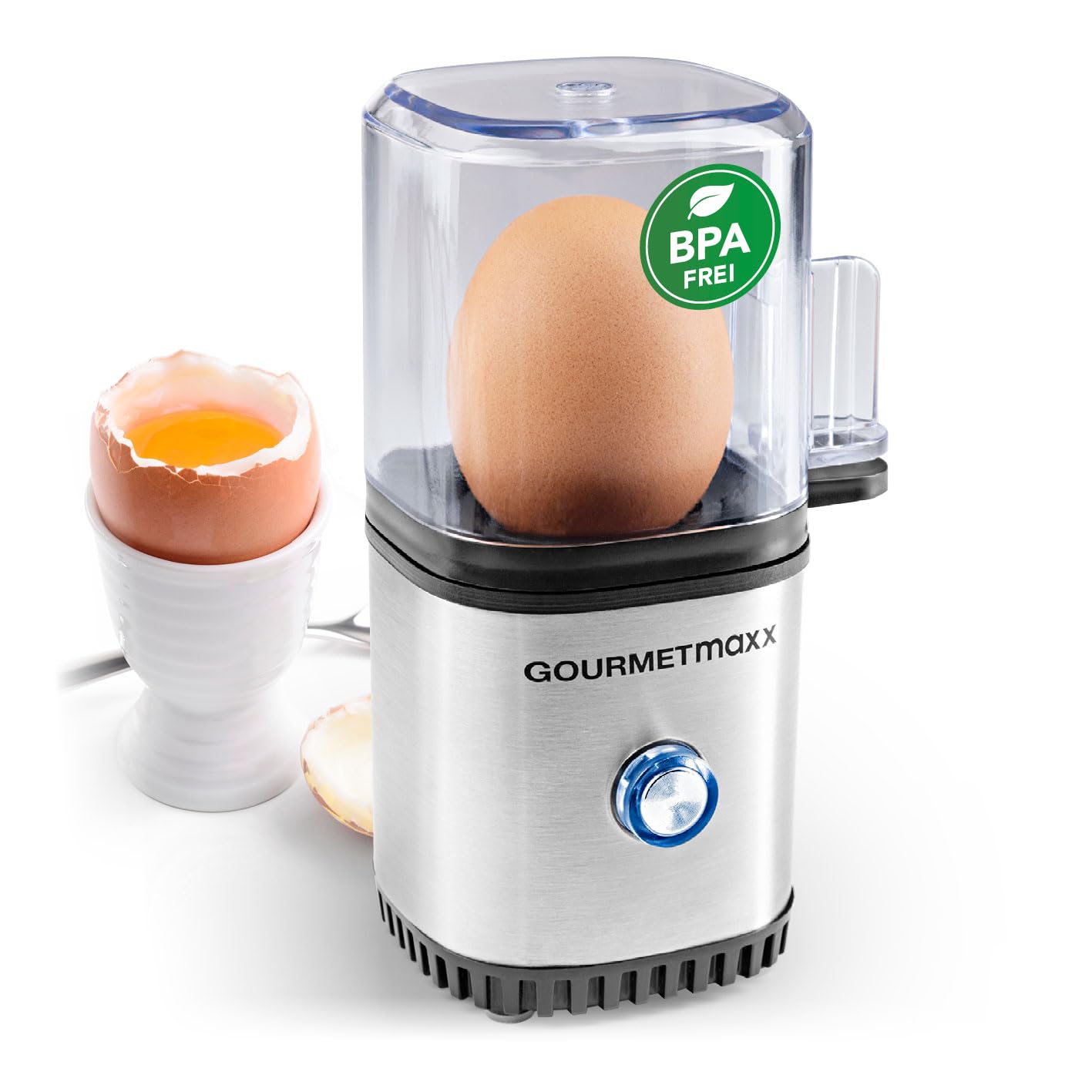 GOURMETmaxx Design Eierkocher für 1 Ei | kompakter Egg Boiler | Egg Cooker mit Eierstecher, Messbecher & Signalton | 3 Härtegrade | leichte Reinigung & spülmaschinenfeste Teile
