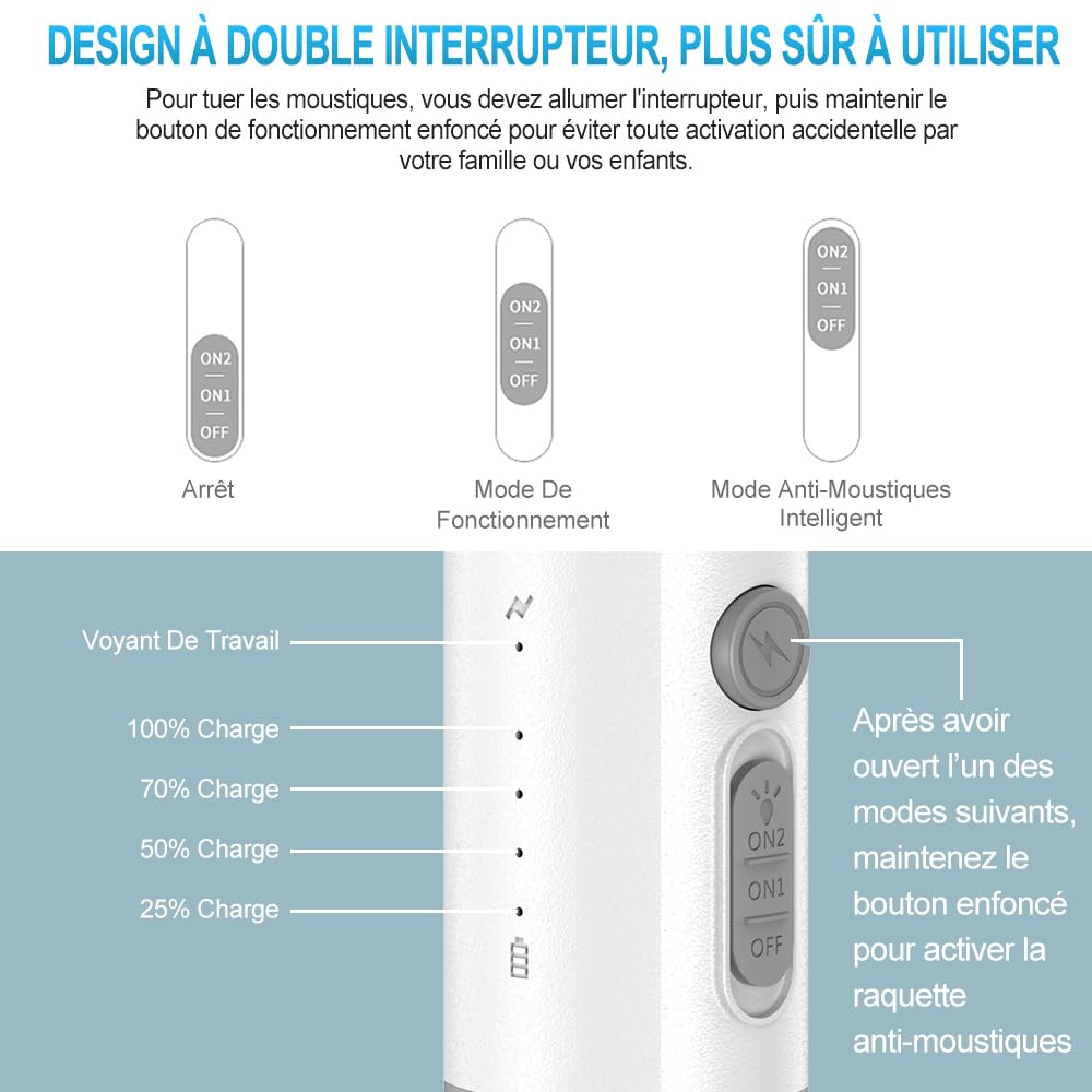 DANGZW Tapette à Mouches Électrique 5000V 2 en 1 2000 mAh USB Rechargeable avec Base de Chargement