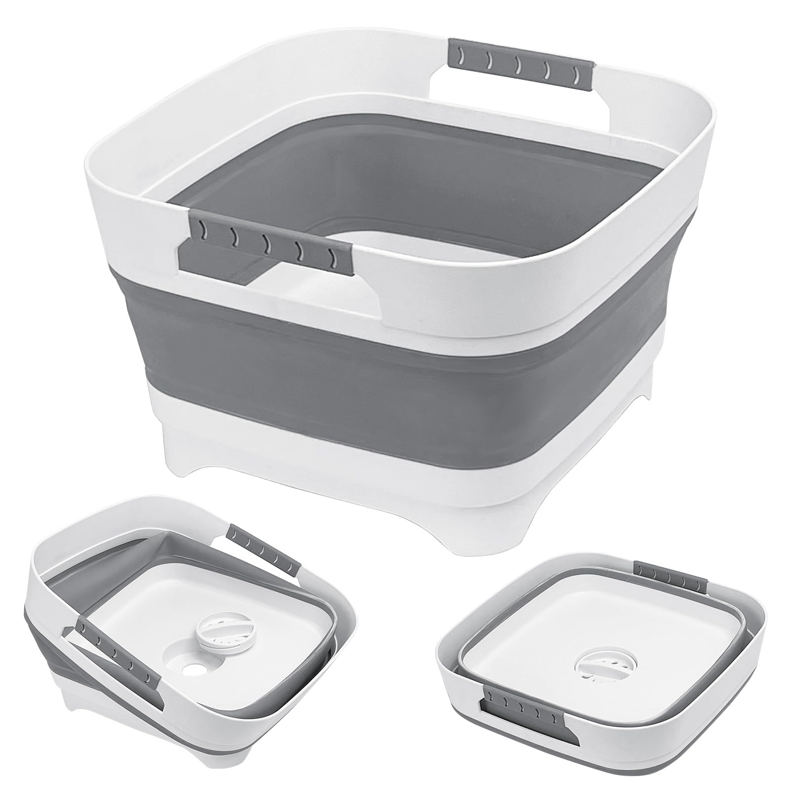 Upgraded 2.4 Gal (9L) Collapsible Dish Basin with Drain Plug, Space Saving Multiuse Foldable Sink Tub, Dishpan, Beverage Tubs for Camping, Vegetable Washing, RV(Gray)