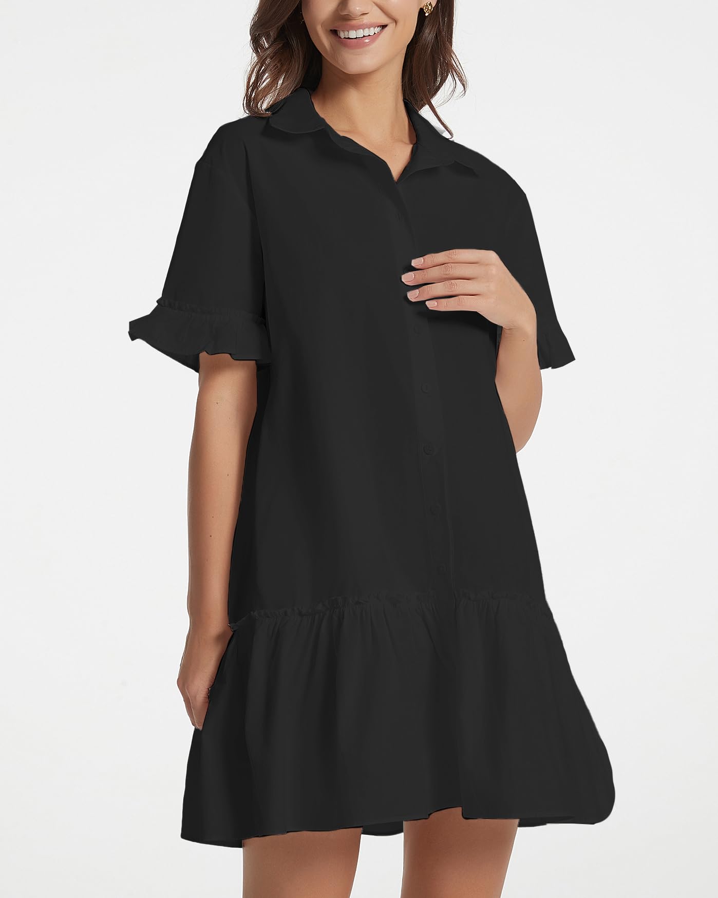YEXPINE Vestido Camisero Corto con Volantes para Mujer, Vestido de Manga Corta con Botones, Vestido de algodón con Cintura caída, Negro -, Large