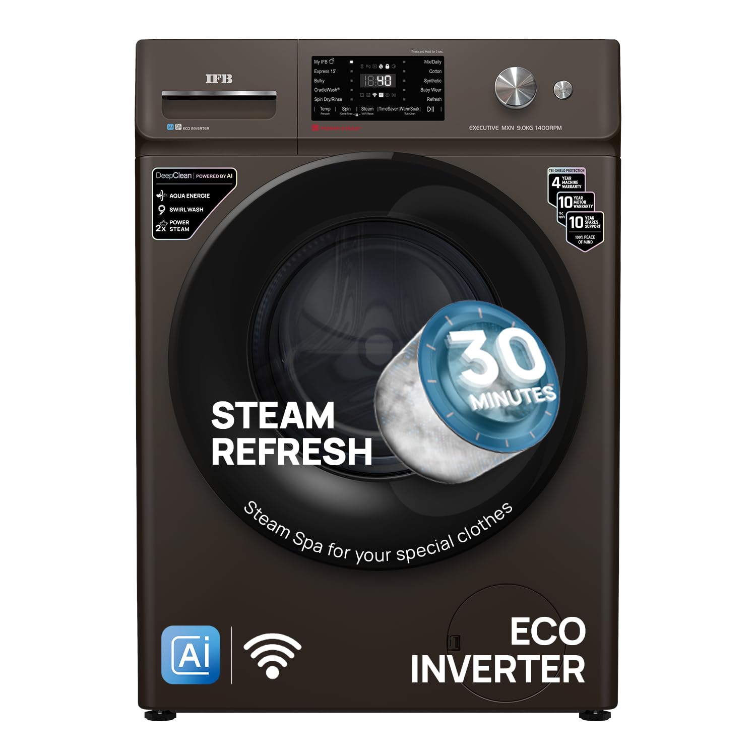 IFB 9 Kg 5 Star with DeepClean® Technology, AI Powered, WiFi, Fully Automatic Front Load Washing Machine (EXECUTIVE MXN 9014K CMS, PowerSteam®, 9 Swirl, Steam Refresh, Eco Inverter, Mocha)