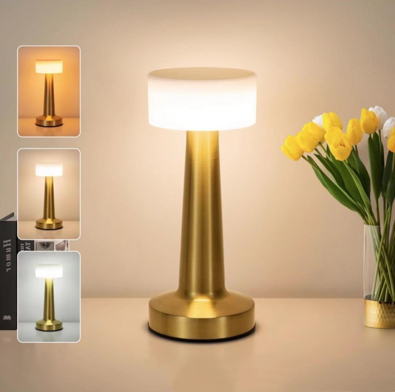 HULUBO Metal Table Lamp,Rechargeable Cordless LED Lamp,3 Color Temperature Dimmable Table Lamp,Chic Restaurants/Bedroom/Dinner/Coffee Table (Golden)
