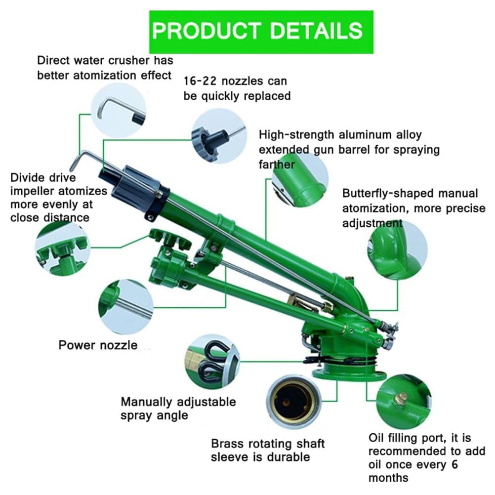Irrigatore per Fattoria, Sprinkler Rotante a 360° per Ampia Area, Annaffiatura Uniforme, con 3 Ugelli di Ricambio, per Pascolo, Polvere e Irrigazione Agricola