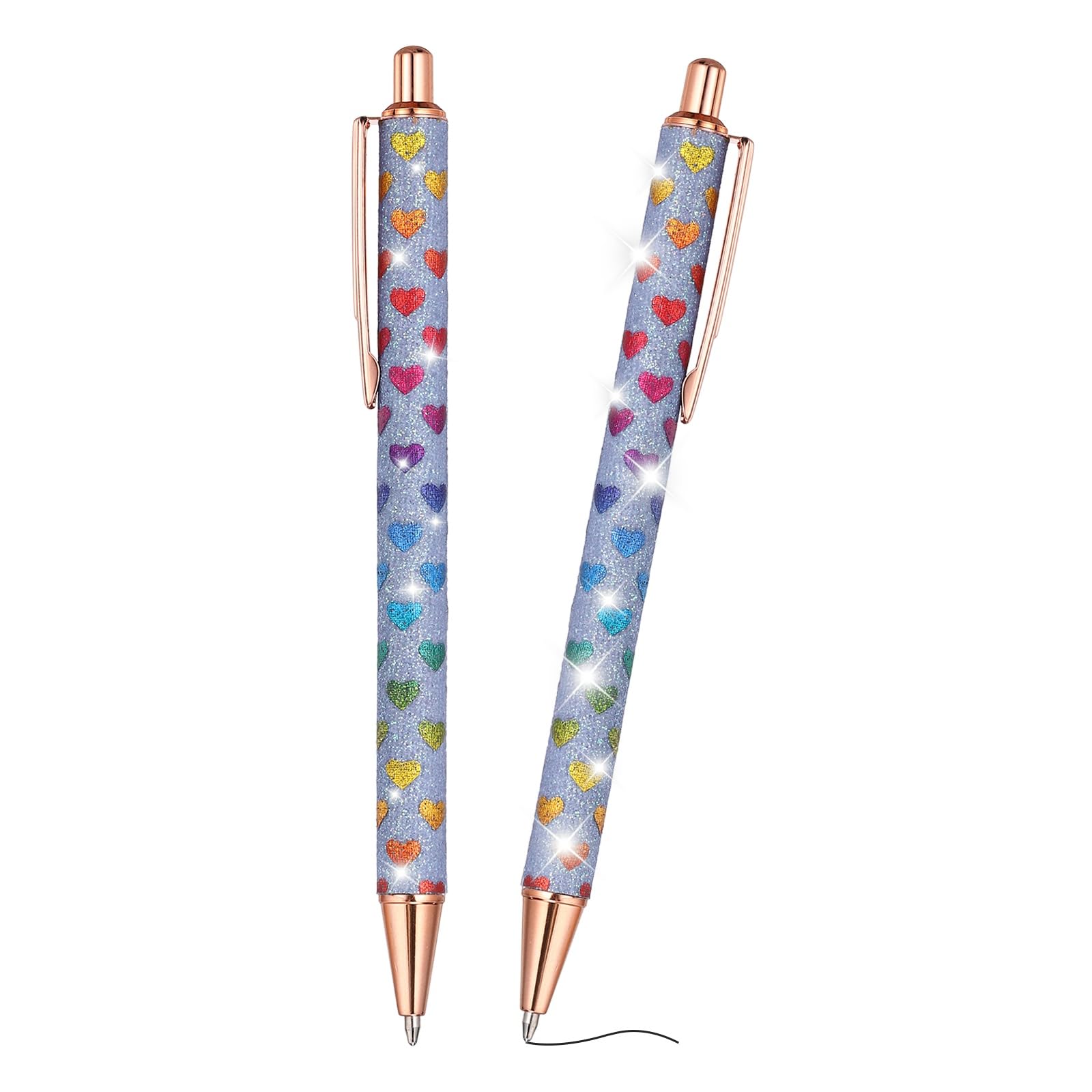 PATIKIL 2Pcs Fancy Pens for Women, Medium Point 1.0mm Black Ink Glitter Ballpoint Pen Metal Retractable Journaling Ballpoint for Gifts Office Journaling, Blue/Rose Gold Heart