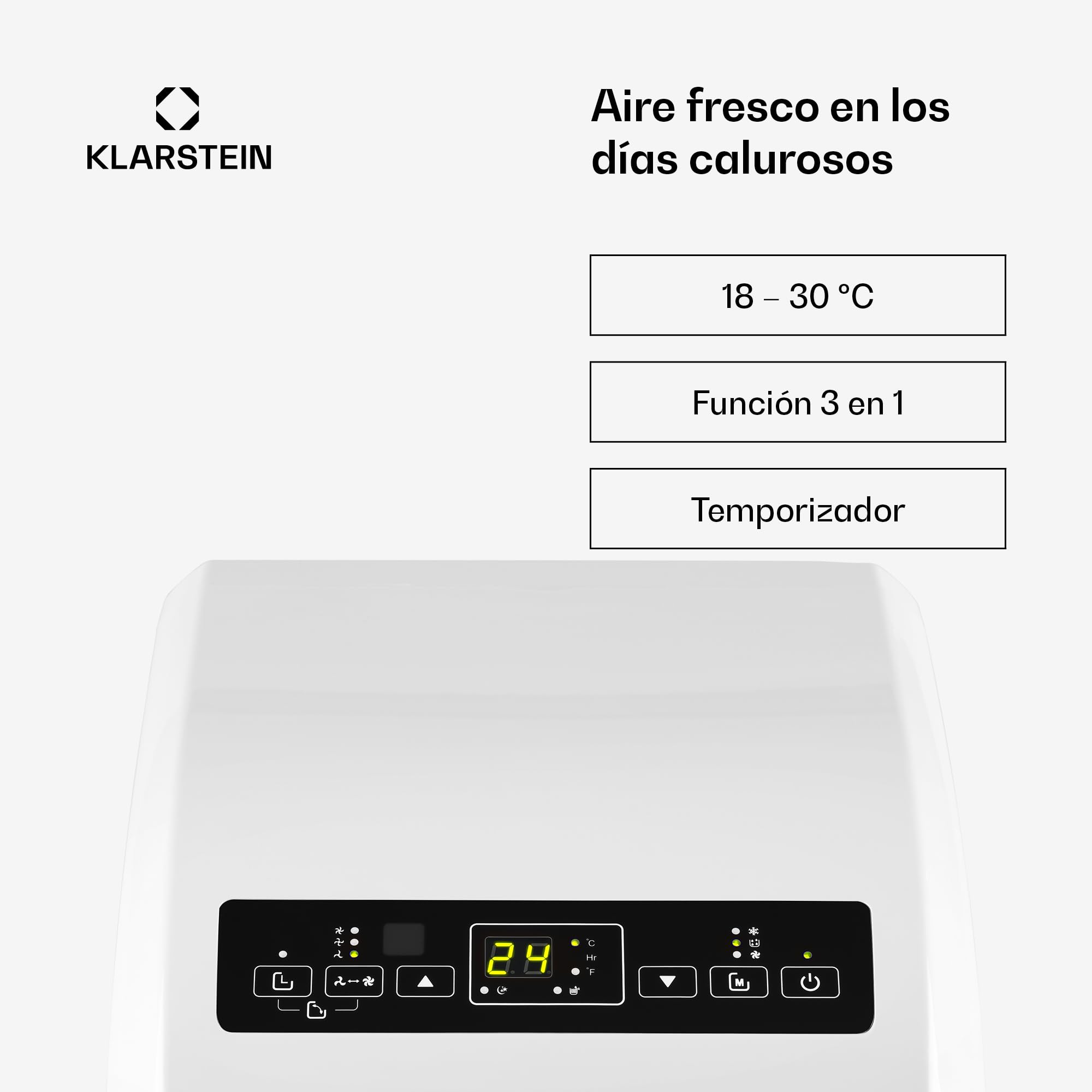 Klarstein Aire Acondicionado Portatil y Silencioso, 4 en 1 Climatizador de Aire para Casas y Oficinas, con Modo Noche, Deshumidificador y Ventilador, Aires Acondicionados Bajo Consumo 10,000 BTU