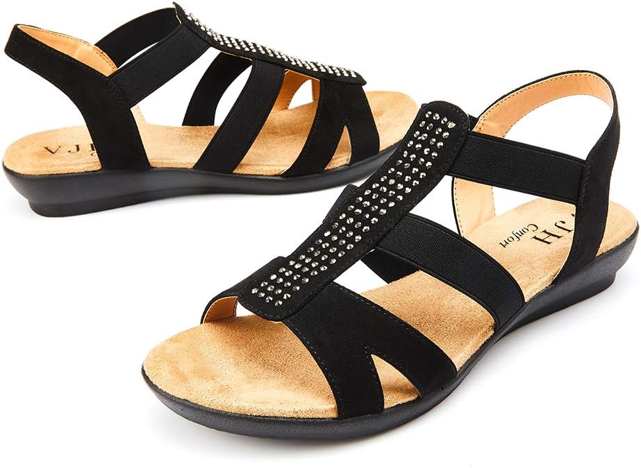 VJH confort Women’s Comfort Flat Sandals Summer,with Rhinestone Open Toe Elastic Slip On Slingback Casual Walking Low Heele Sandals