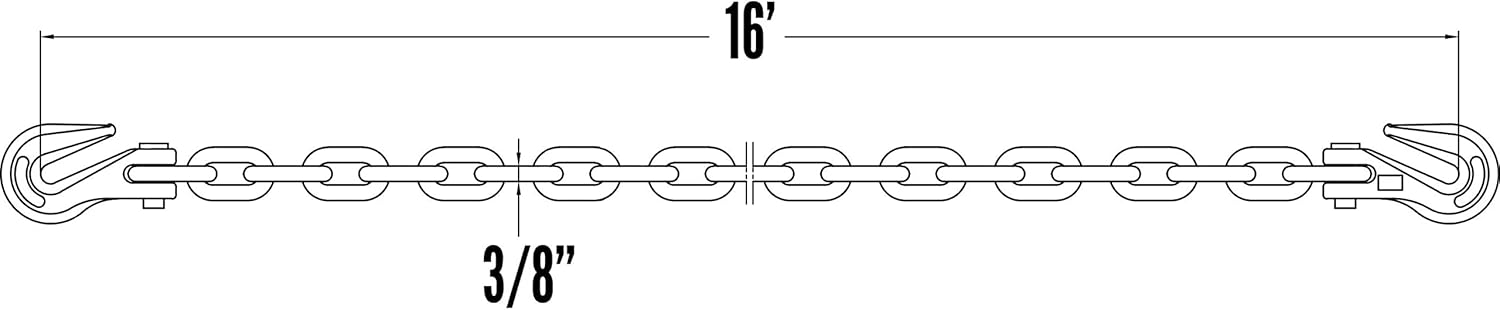 US Cargo Control Grade 70 Chain with Clevis Grab Hooks, 3/8 Inch x 16 Foot Transport Chain, 6,600 lbs Working Load Limit, 3/8 Inch Chain for Flatbed