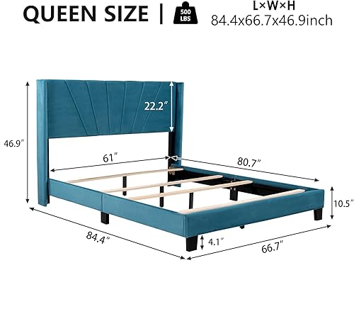 Miniatura 2 de Base de cama de plataforma tamaño Queen con cabecera tapizada de terciopelo y soporte de listones de madera, cama y cabecera tamaño Queen, no