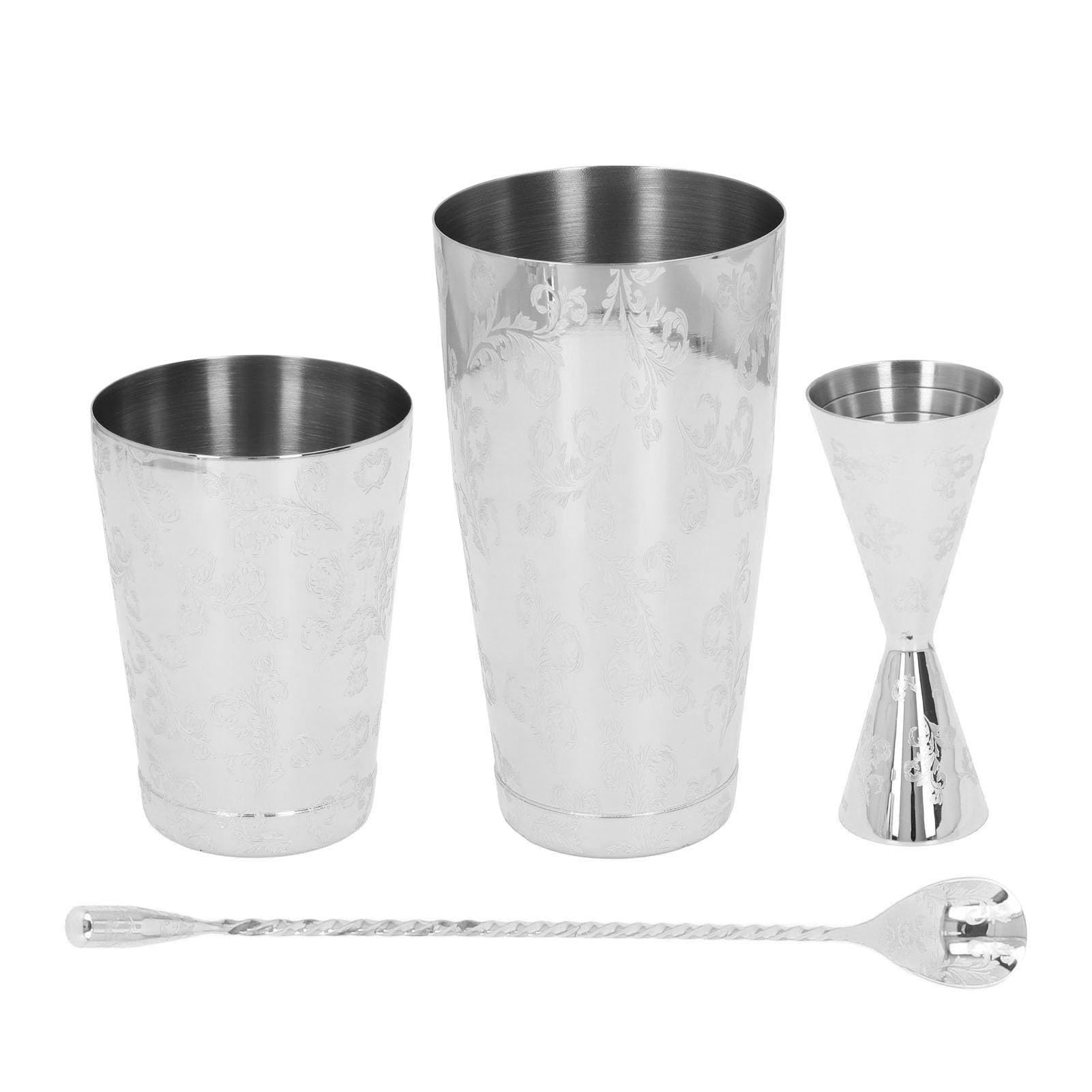Ensemble shaker à cocktail Boston, ensemble d'outils pour shaker à cocktail en acier inoxydable, design imprimé vintage avec tasse en once et barre de glace pilée, passoire à (UNE)
