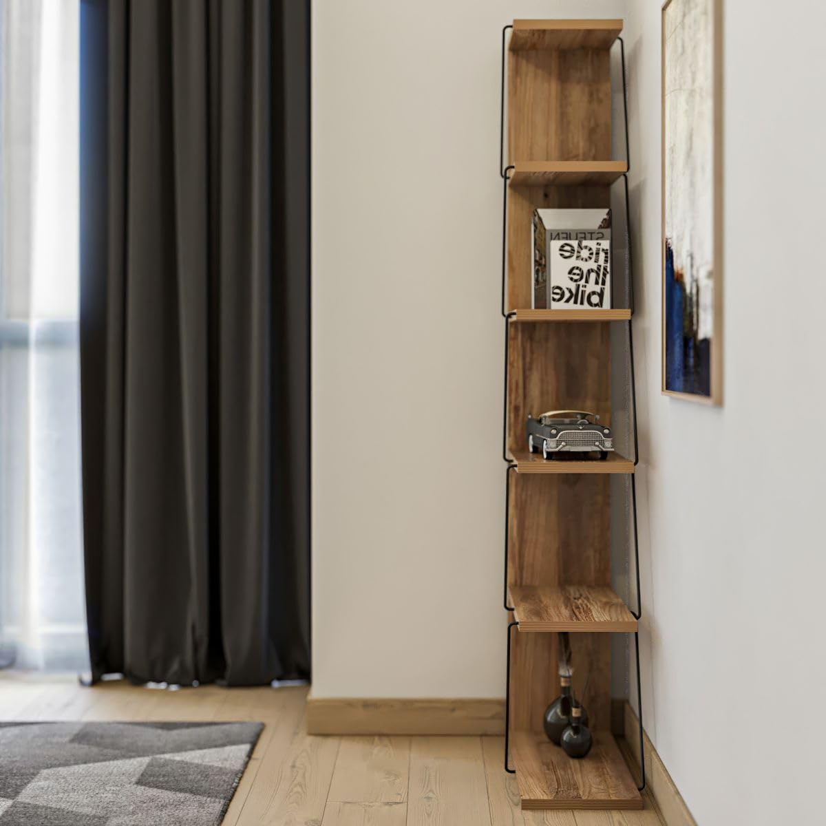 Estantería De Esquina 6 Estantes Decoración De Pino Y Negro H150 Cm - Tlos