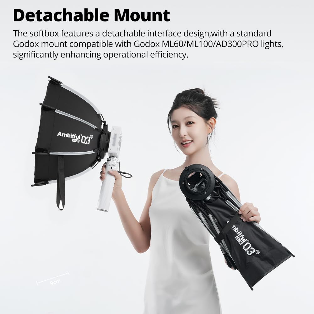 Ambitful Q3 Softbox ottagonale a sgancio rapido con griglia, 60 cm, modificatore di luce pieghevole One-Touch per fotografia Godox ML60 ML100 AD300Pro, illuminazione per studio video e ritratti