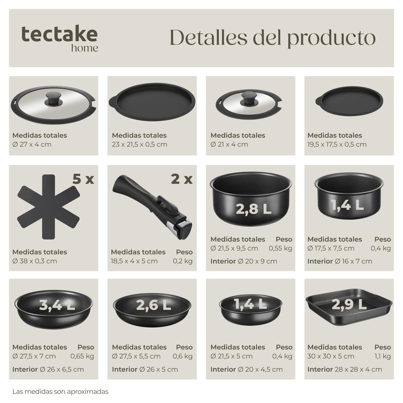 tectake® Juego de Cocina 17 Piezas, Sartenes Antiadherentes, Ollas Cocina Aptas para Inducción, Juego Sartenes con Asas Desmontables, Olla, Cacerola, Sarten - Negro