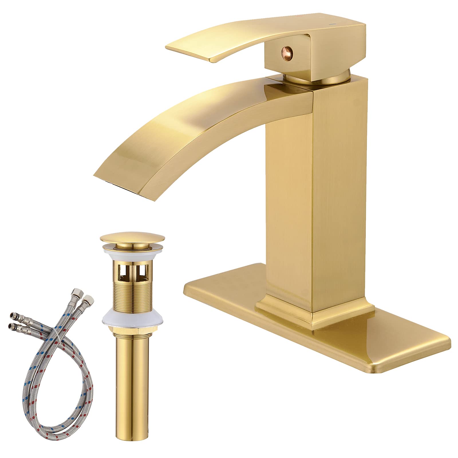 Greenspring Brushed Gold Bathroom Sink Facuet Single Handle One Hole Bathroom Facuet Waterfall Modern Commercial Vanity Basin Tap with Bathroom Sink Drain