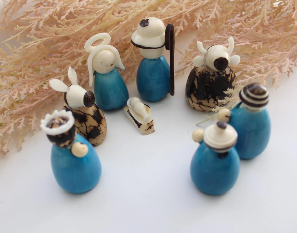 Nativity Set Handmade in Tagua | Light Blue Color | Nativity Figurines | Christmas Nativity | Vegetable Ivory Nut | Nativity Scene from Colombia