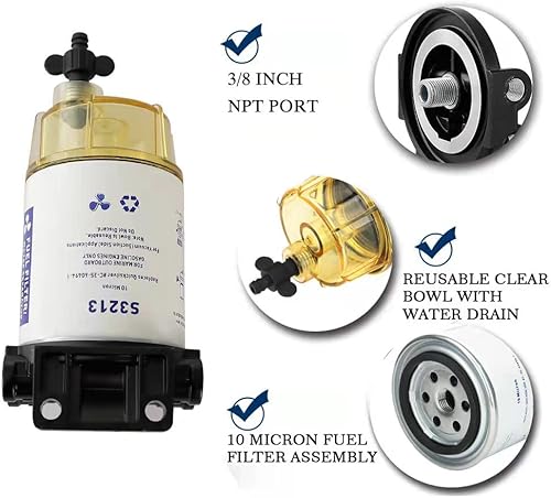 Miniatura 2 de S3213 - Conjunto de separador de agua de combustible marino con cuenco transparente y púas de 3/8 pulgadas x 1/4 pulgadas NPT accesorios de repuesto