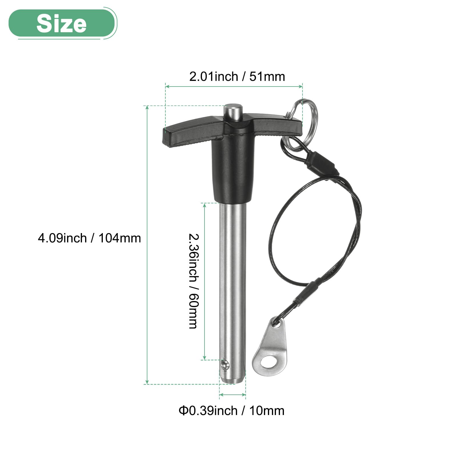 M METERXITY Perno Bloccaggio Maniglia T, 25/64" [10mm] Dia., Lunghezza Utilizzo 2-3/8 [60mm] Perni Bloccaggio Rilascio Rapido Pulsante Cavo Lanyard per Aviazione [Acciaio Inossidabile 304]