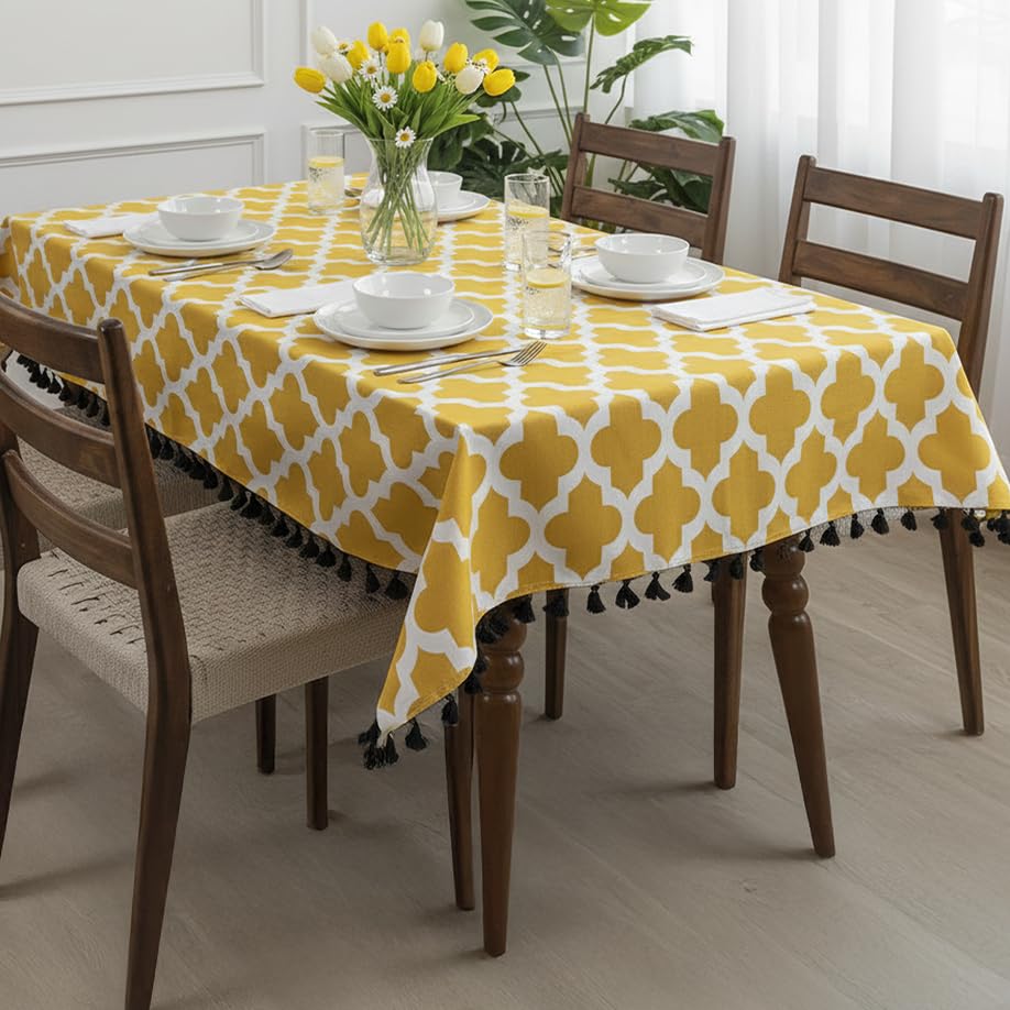 Image of HOMEMONDE Cotton Dining Table Cover 4 Seater 40 X 60 Inch Printed Center Rectangular Table Cloth with Decorative Fringes - (Yellow, 101 X 152 CM)