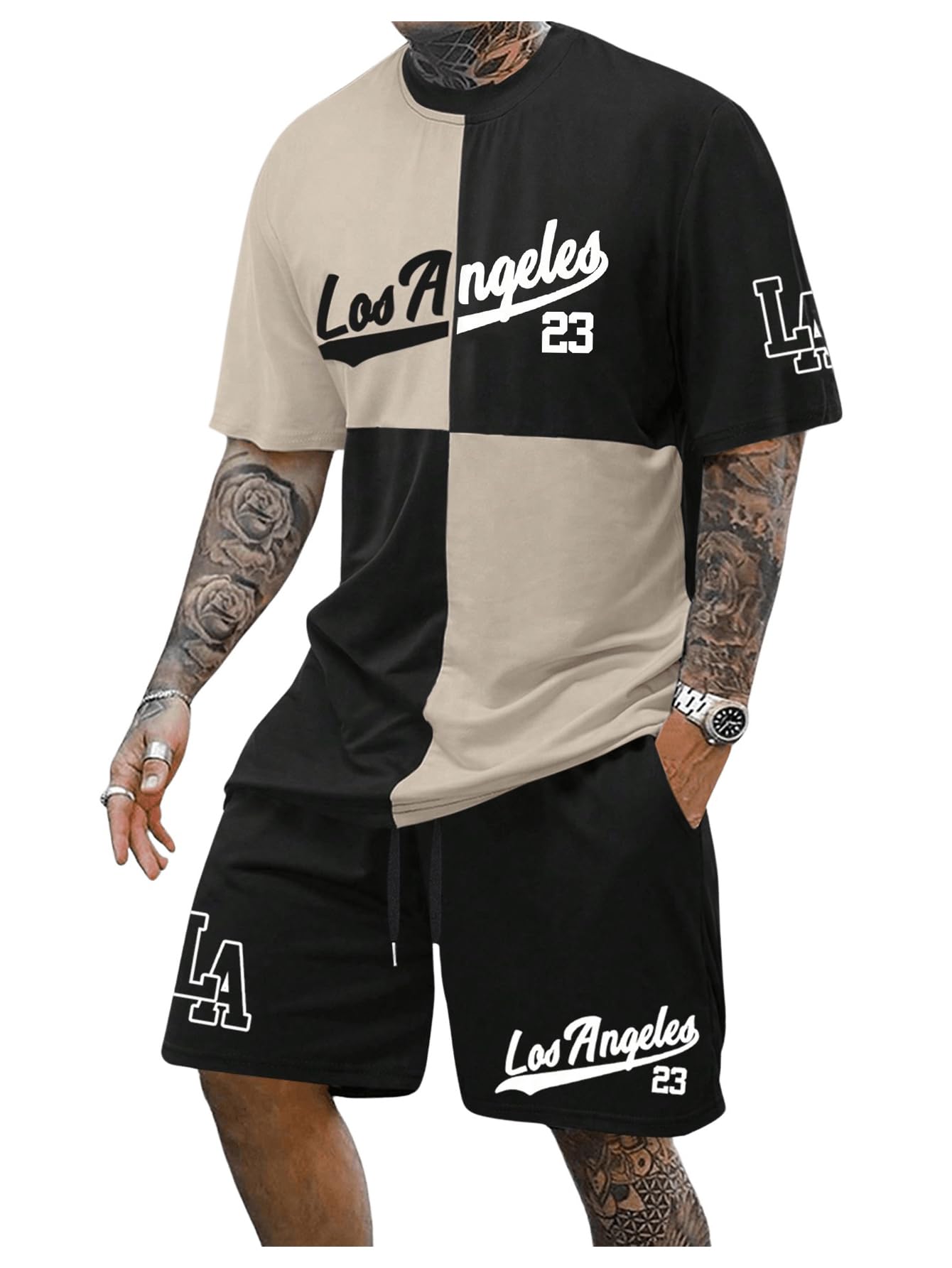 VIPWOLF Men's 2 Piece Short Set Short Sleeve Workout Outfits | Crew Neck, Oversized Baggy…