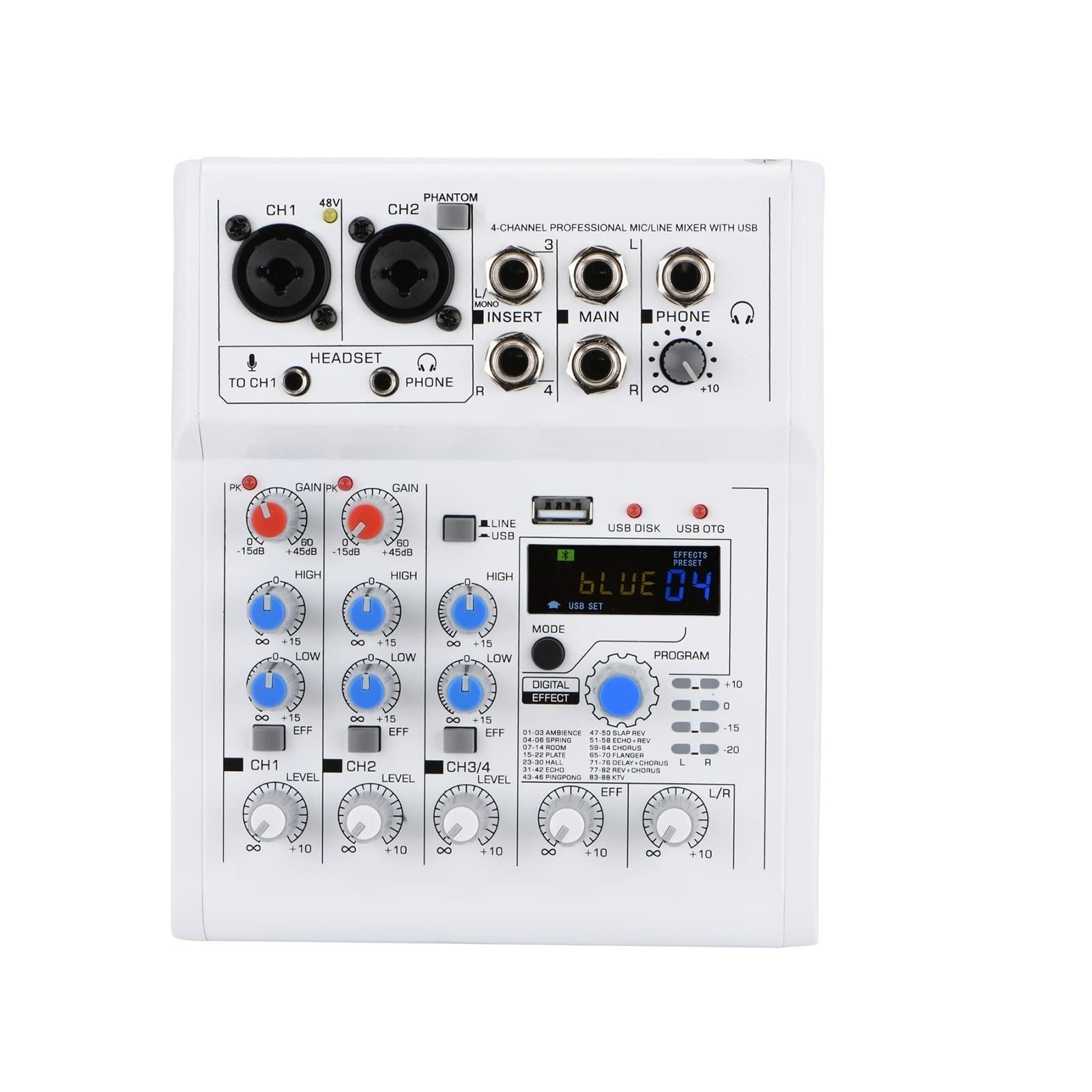 4-kanałowy komputer przenośny DC 5 V Odtwarzanie i nagrywanie USB 88 efektów DSP Echo Reverb Mikser osobisty