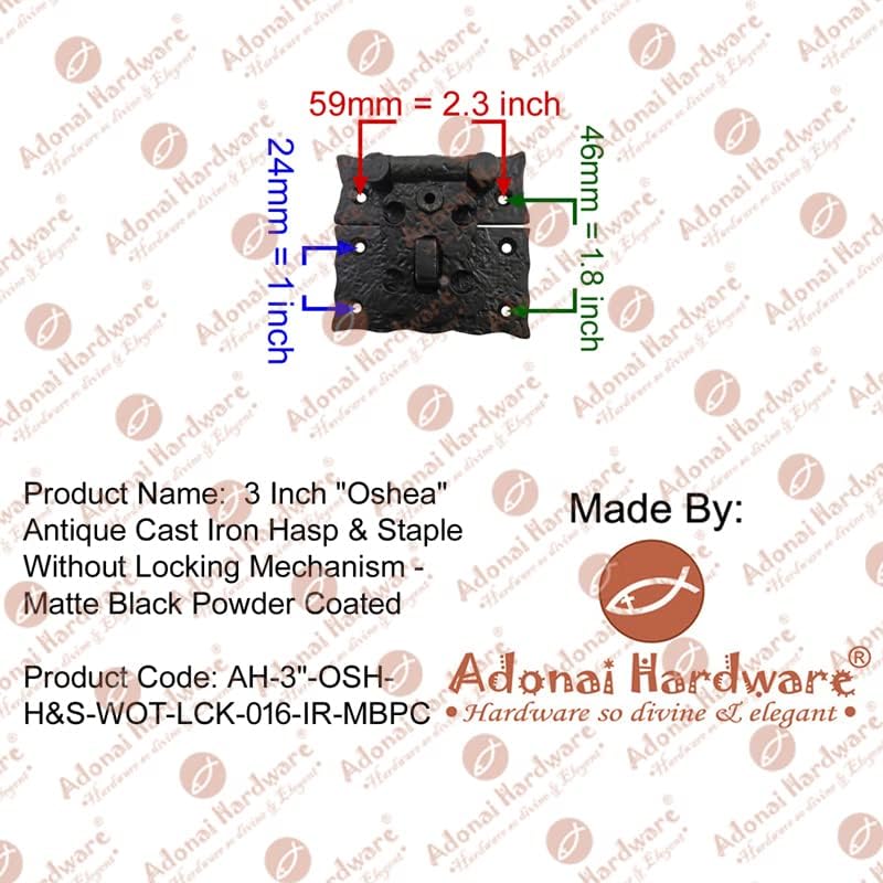Adonai Hardware 3 Inch "Oshea" Antique Cast Iron Hasp & Staple Without Locking Mechanism for Trunks and Jewellery Boxes - Matte Black Powder Coated, Antique Hardware, Cabinet Hardware