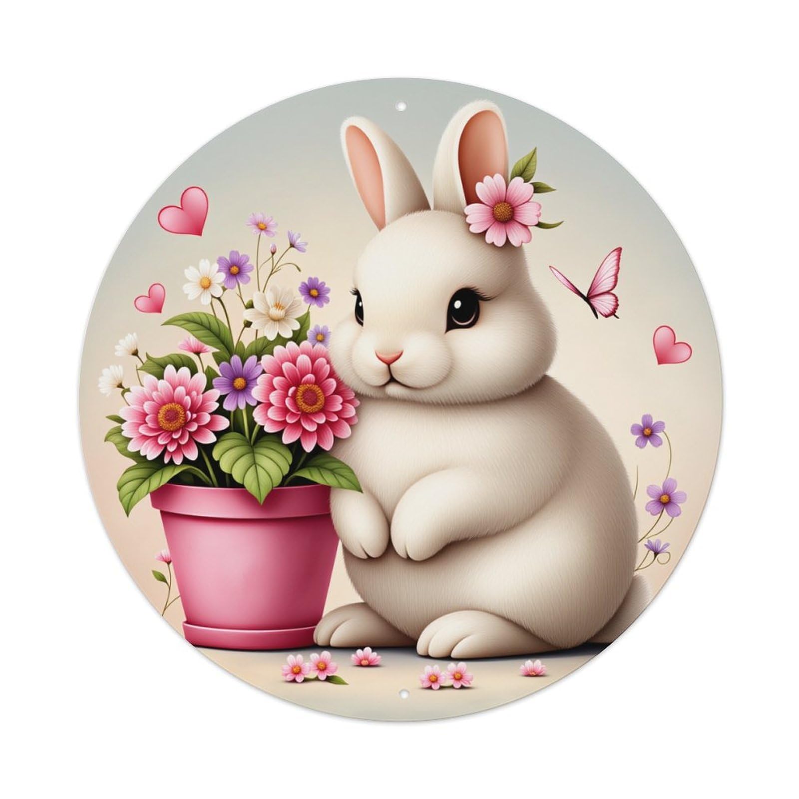 Cute Bunny Flower Pot Hearts Round Tin Sign Vintage Style Metal Sign Home Bar Garden Wall Plaque Decor Metal Poster 8x8 Inch