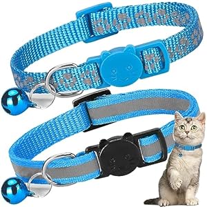2 Pack Cat Collar with Bells, Reflective Collars for Cats with Breakaway Safety Buckle, Nylon, 7-12 Inch Adjustable, Blue