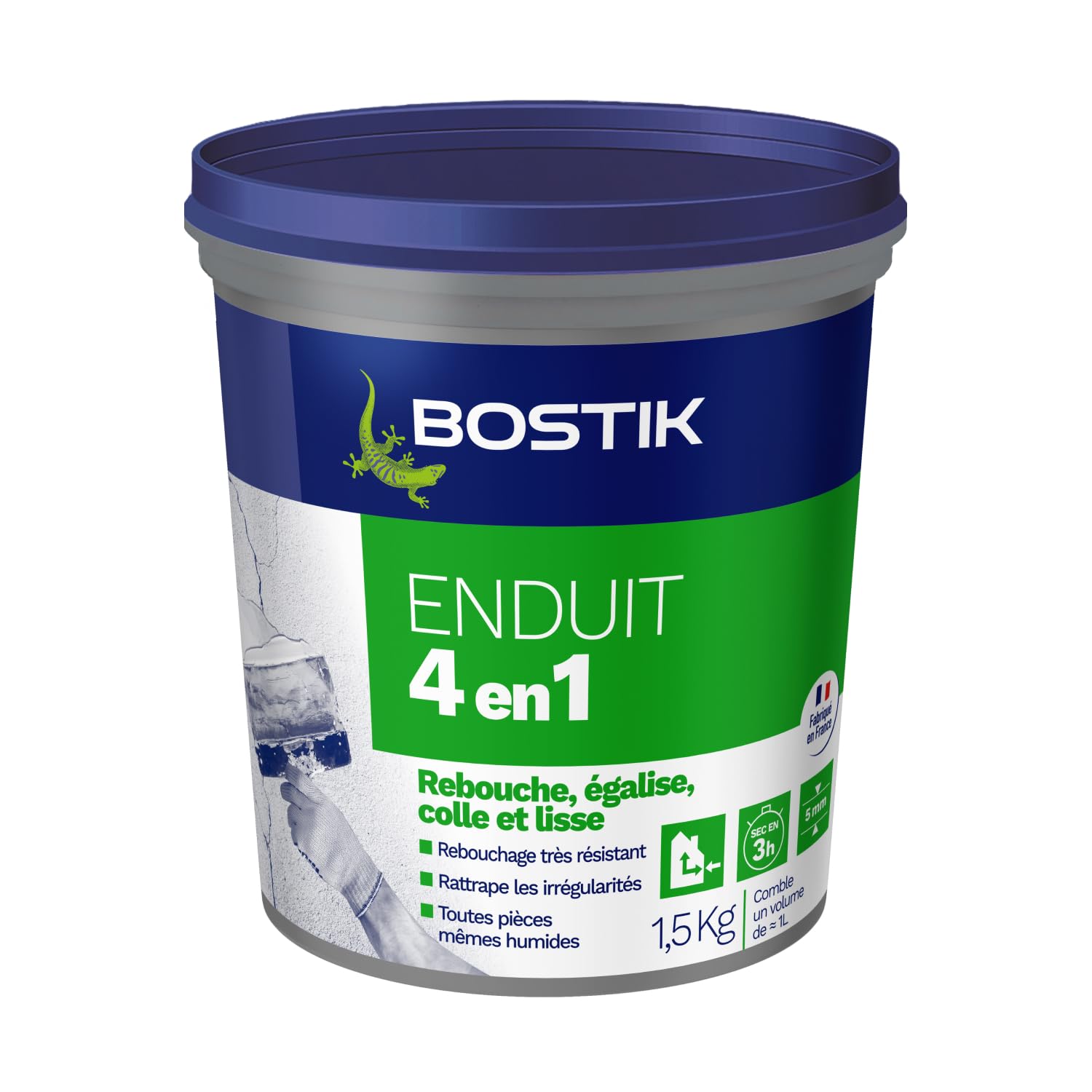 BOSTIK Enduit Mural 4 en 1 Pâte – Rebouche, Egalise, Lisse, Colle – Intérieur/​Extérieur – Couleur : Blanc – Pot de 1.5kg