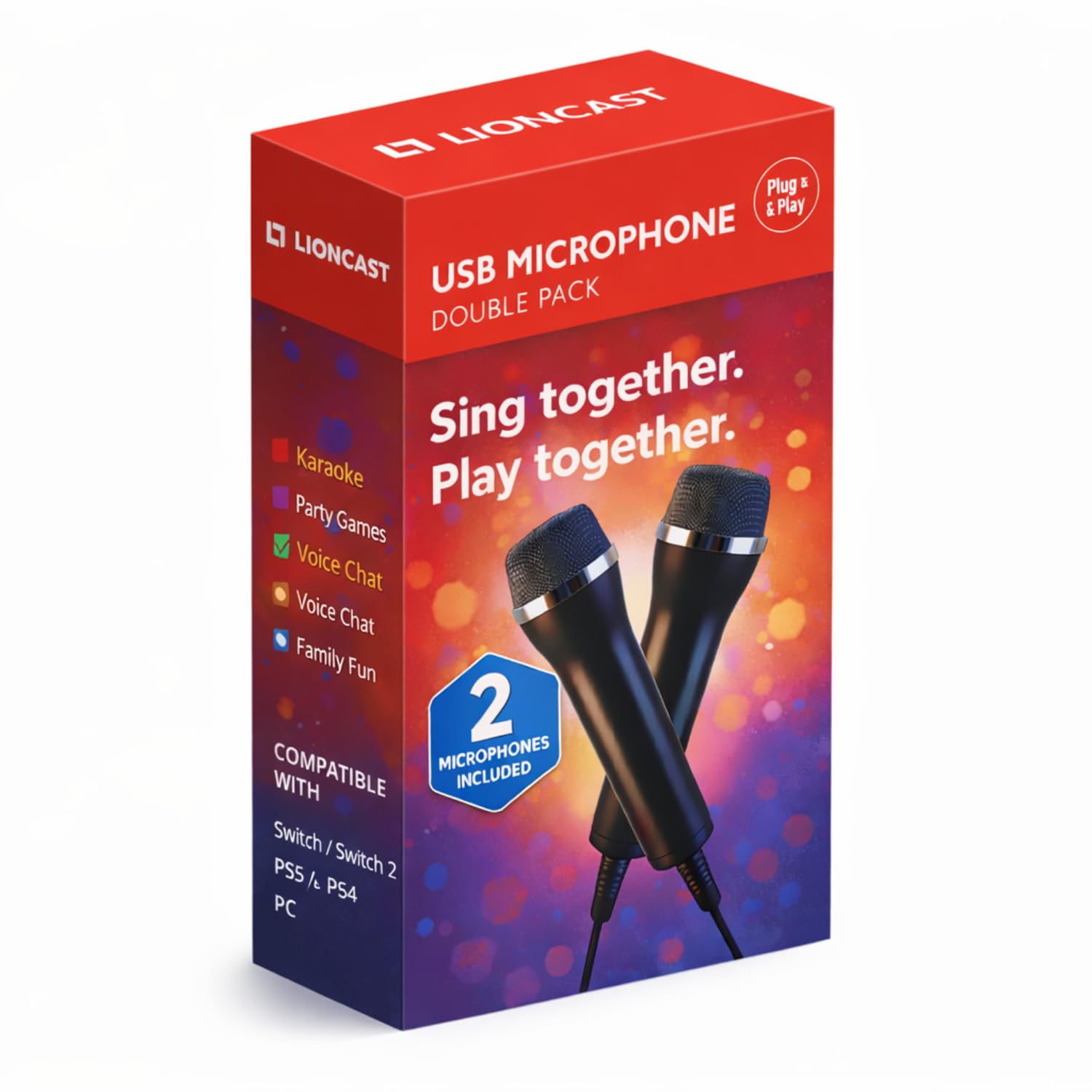 Lioncast Pair Of Universal USB Microphones Compatible with Computer and Karaoke Gaming; Compatible with Wii, PS5/Playstation 5, PS4 & PC Games as