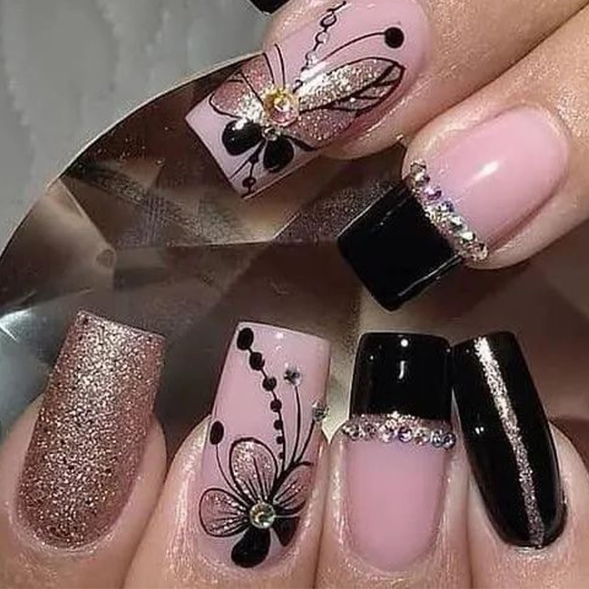 Black French Tip Press on Nails Medium Coffin Fake Nails Butterfly Floral Nails Press ons with Rhinestones Design Acrylic Nails Full Cover Glossy Glue