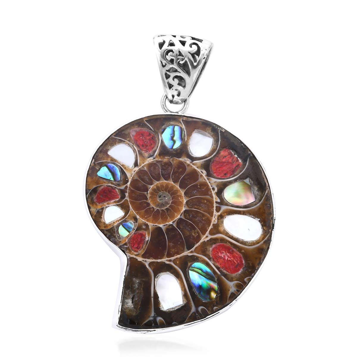 Royal Bali Handmade Artisan Crafted Ammonite Pendant for Women in 925 Sterling Silver with Abalone Shell Sponge Coral Multi Gemstones