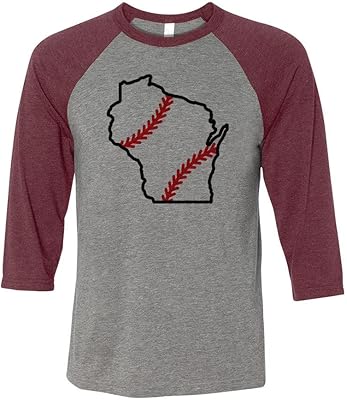 TeesAndTankYou State Shape Baseball Wisconsin Three-Quarter Raglan Sleeve Baseball Shirt Unisex Small Grey/Maroon
