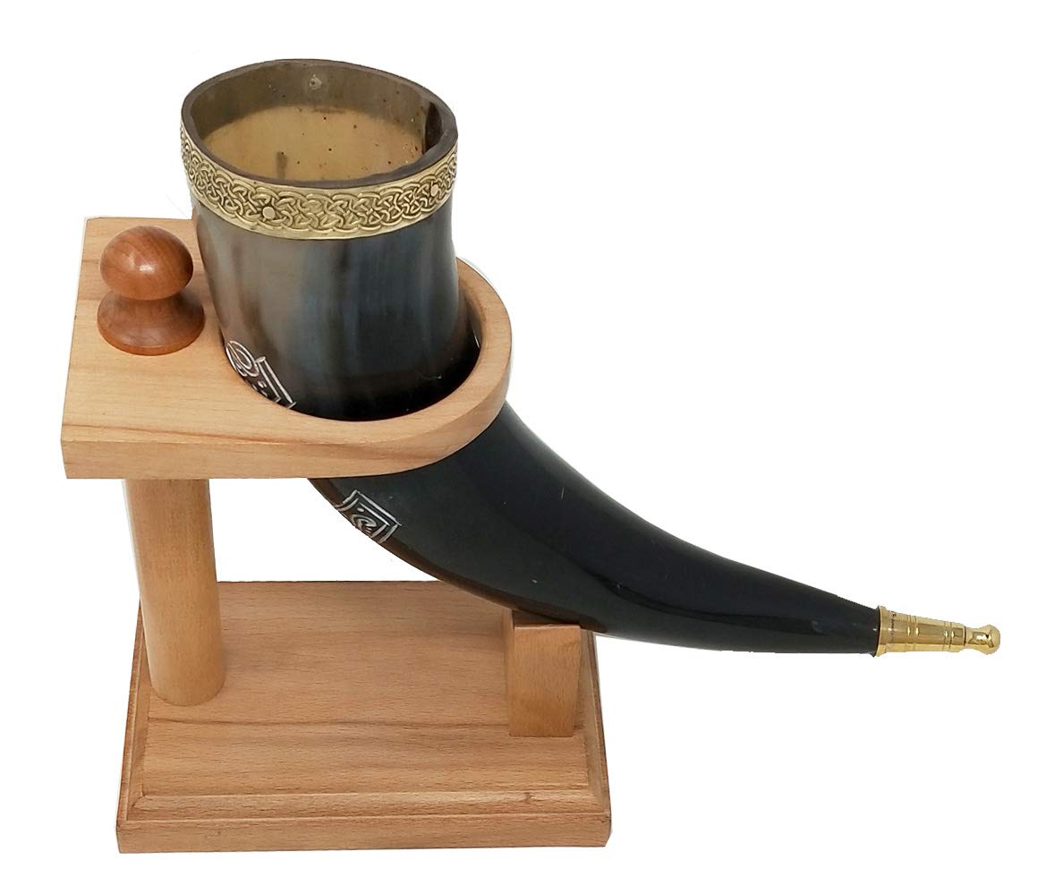 Galaxy IndiacraftViking Drinking Handmade Natural OX Horn | Tankard | Mug | Cup for Ale, Beer, Mead, Wine | 12 to 15 Inch | 100% Leak Free | with Beautiful Wooden Stand (Set of 1)