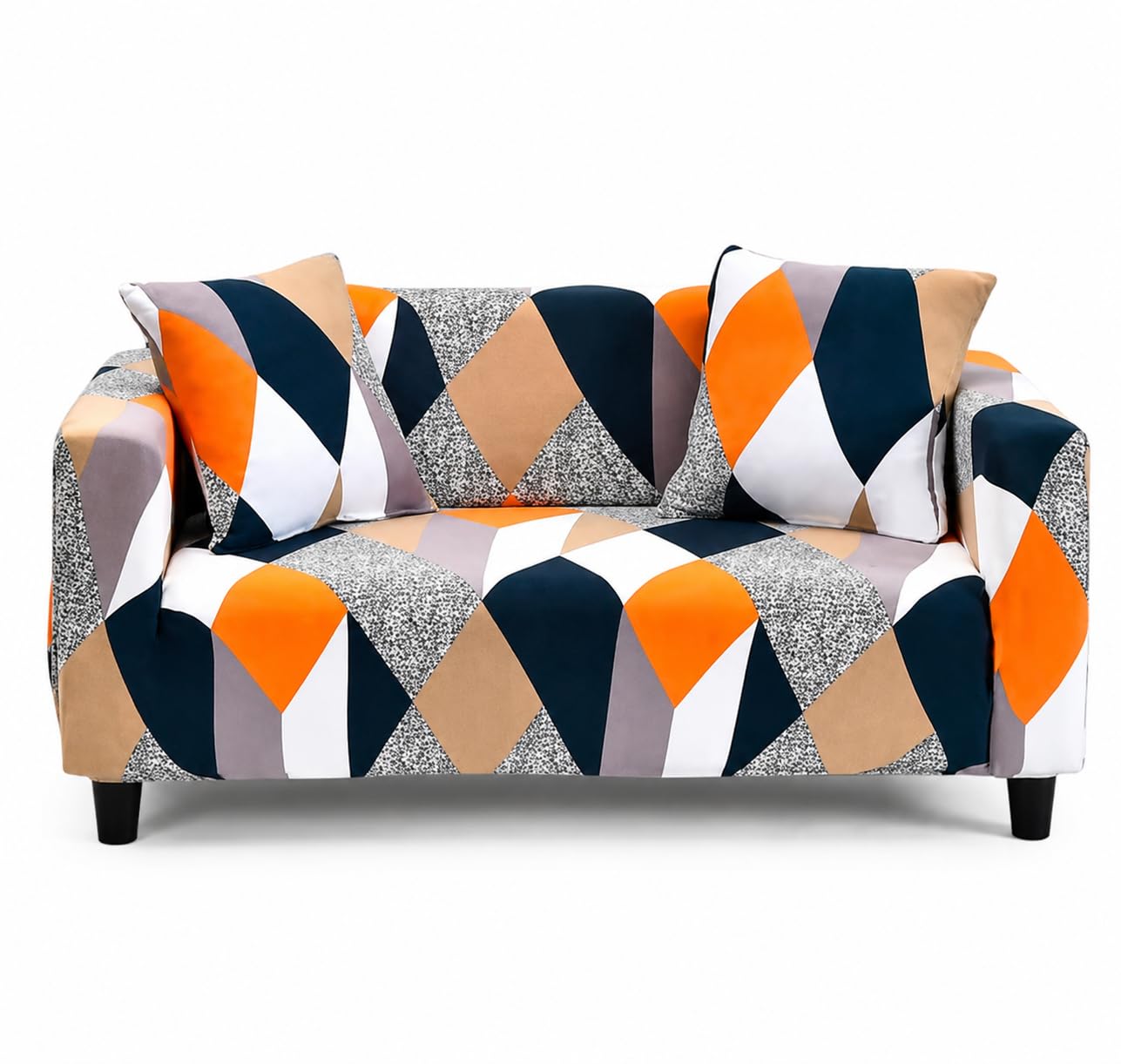 Premium Geometric Printed Stretch Sofa Cover with 2 Matching Cushion Covers | Soft Elastic Washable Slipcover | Furniture Protector for 2 Seater Sofa | Orange, Beige & Black-image-35