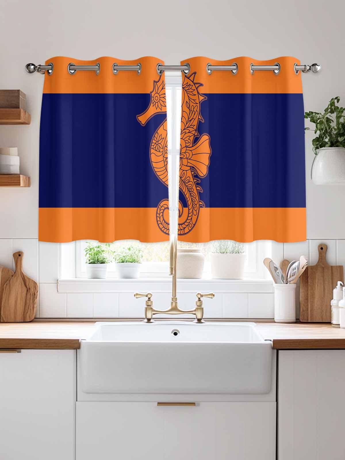 Seahorse Mandalas Window Curtains Panels with Silver Grommet,Boho Modern Orange Navy Blue Stripe Kitchen Cafe Curtain Draperies Window Treatment Set for Living Room/Bedroom/Bathroom/Cafe,104x45