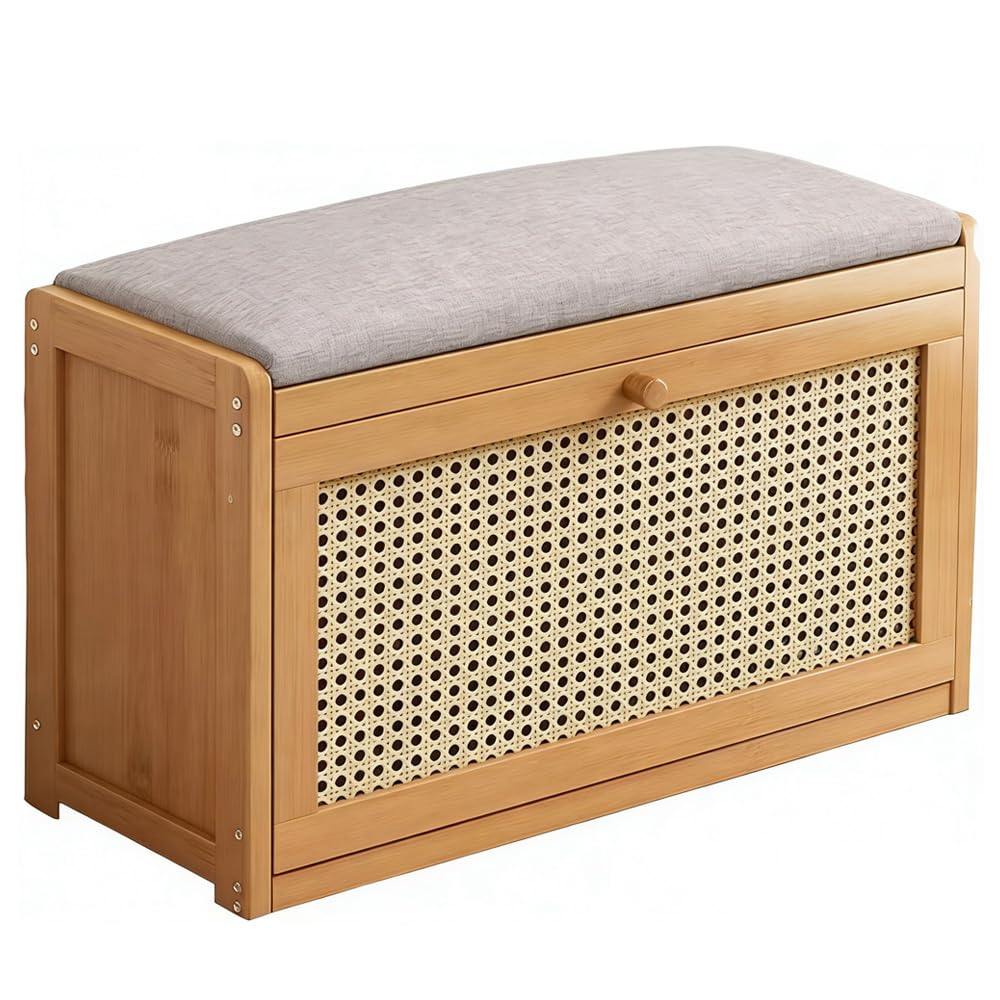 SXZenSpace Shoe Storage Bench with Padded Cushion, 2-Tier Entryway Cabinet Adjustable Shelf, Wooden for Hallway Bedroom – Narrow Organiser (70cm)