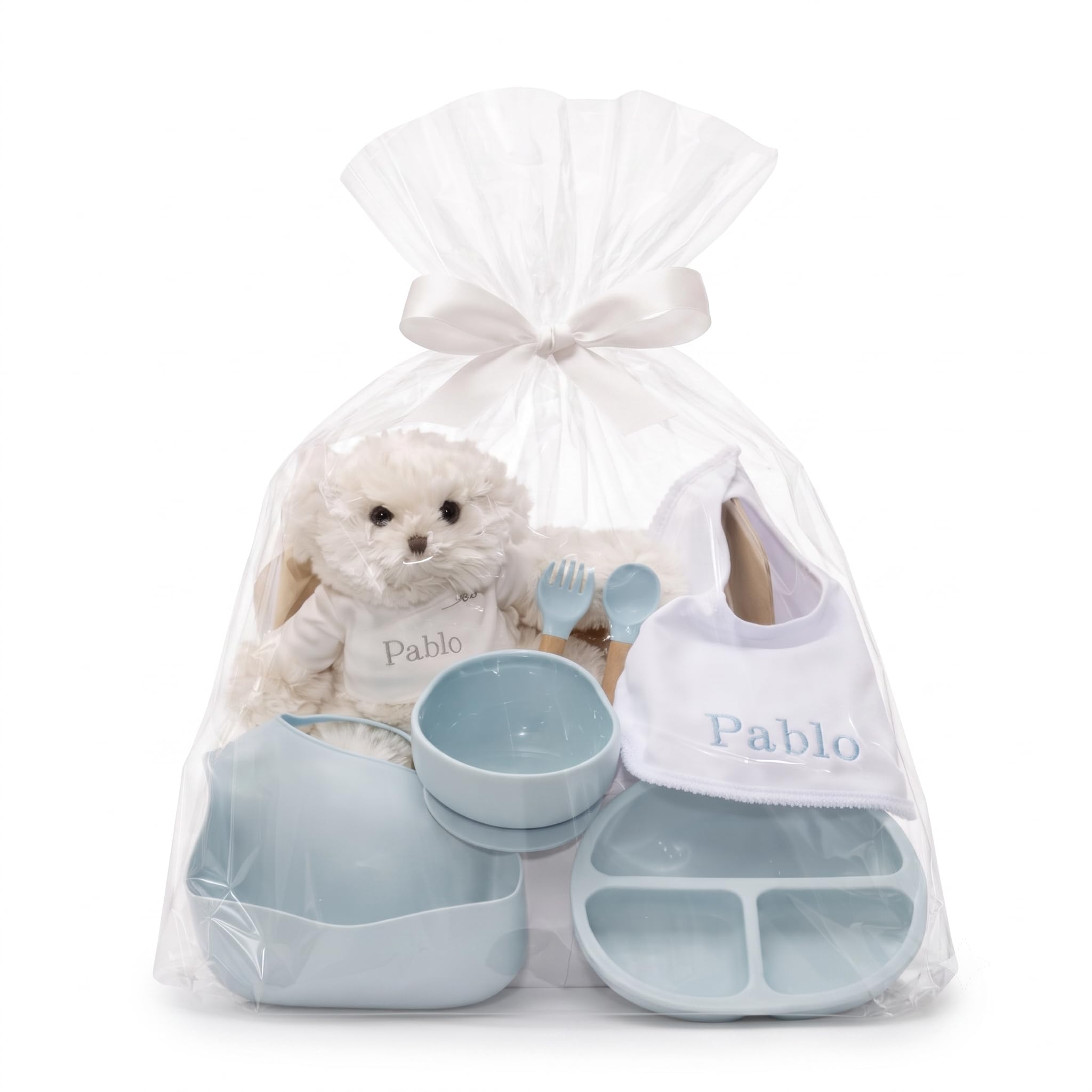 Bestickte Decke mit Namen und Geschirr aus Silikon, umweltfreundliches Geschenk für Babys, Geschenkset für Jungen und Mädchen (Geschirr + Lätzchen + Teddybär, Blau) | BebeDeParis | Silikongeschirr + personalisiertes Zubehör (Blau | Geschirr + Lätzchen + B
