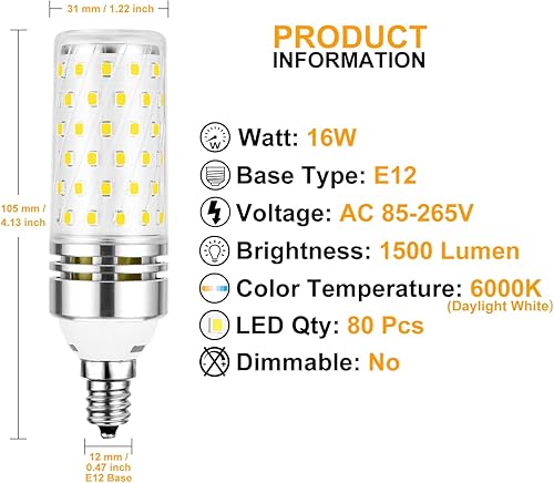 Miniatura 9 de Bombilla LED E12, bombilla LED de candelabro de 16 W, bombillas blancas cálidas de 3000 K, bombillas incandescentes equivalentes a 100 W, bombillas