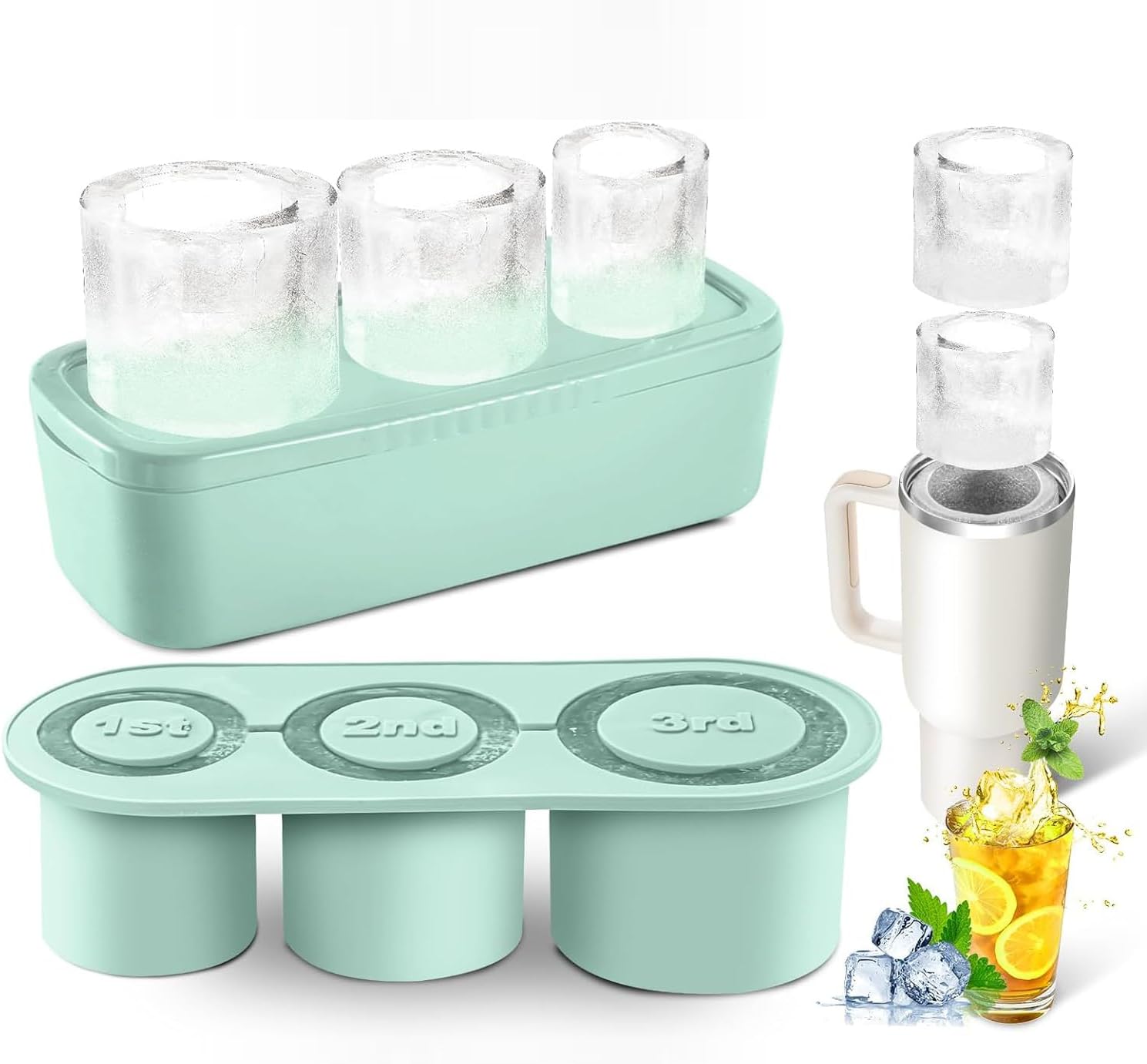 2024 Ice Cube Tray for 20-40Oz Stanley Cup, 3 Pcs Silicone Hollow Ice Cube Mold for Tumbler, Ice Rings for Tumblers Ice Maker Mold with Lid and Bin for Freezer, Ice Drink, Juice, Whiskey, Cocktail Blue